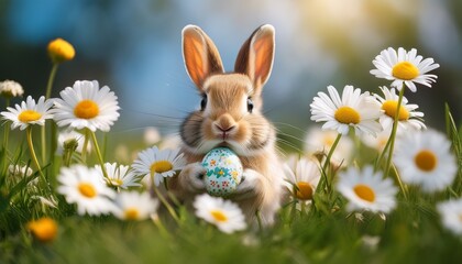 Fototapeta premium Cute Easter bunny peeking out from a patch of daisies, holding a tiny decorated egg in its paws. Soft pastel colors and gentle sunlight create a warm, festive, and joyful spring atmosphere. 