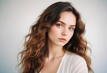 Naklejka premium Close up portrait of a Russian woman with silky brunette hair and a poised expression in soft light