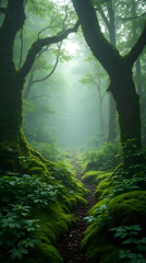 A Serene Journey Through Moss-Covered Woodlands, Evoking Tranquility and a Deep Connection with Nature's Magic