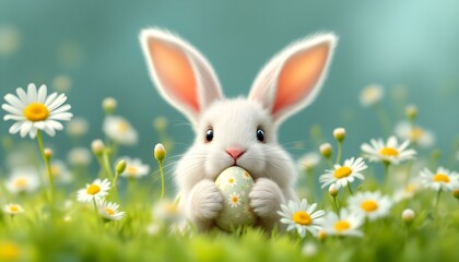 Fototapeta premium Cute Easter bunny peeking out from a patch of daisies, holding a tiny decorated egg in its paws. Soft pastel colors and gentle sunlight create a warm, festive, and joyful spring atmosphere. 