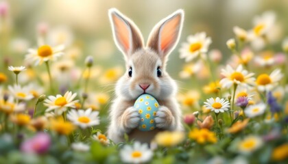 Cute Easter bunny peeking out from a patch of daisies, holding a tiny decorated egg in its paws. Soft pastel colors and gentle sunlight create a warm, festive, and joyful spring atmosphere.
