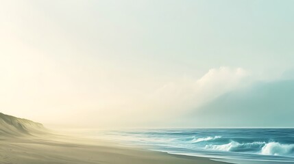 Obraz premium Serene beach scene at dawn, soft light illuminating sand and ocean waves.