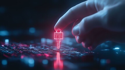 Glowing red digital key hologram over computer keyboard with hand reaching, representing cybersecurity and digital access control in dark environment.