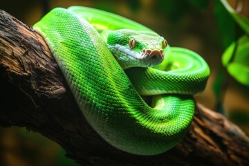 Vibrant Green Tree Python Coiled on a Branch, Close-up Portrait

