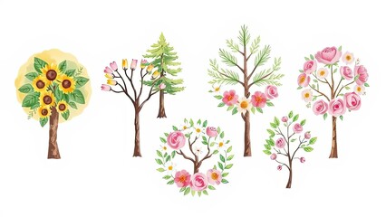 Fototapeta premium Watercolor Floral Trees Sunflowers Magnolias Roses Nature Illustration