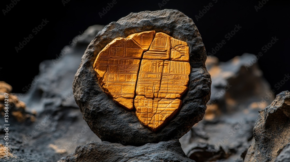 Aufkleber unique golden stone fragment with ancient patterns and architectural inspirations