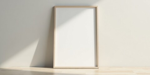 Empty Light Wood Frame Against a Neutral Wall in a Sunlit Room