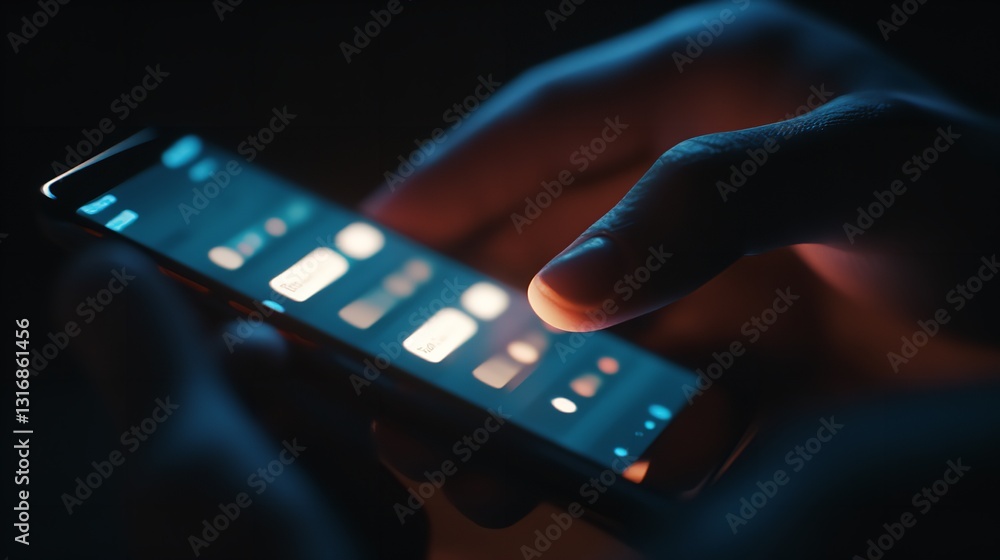 Aufkleber closeup of hands using smartphone in low light blue and orange glowing screen messaging app interfac