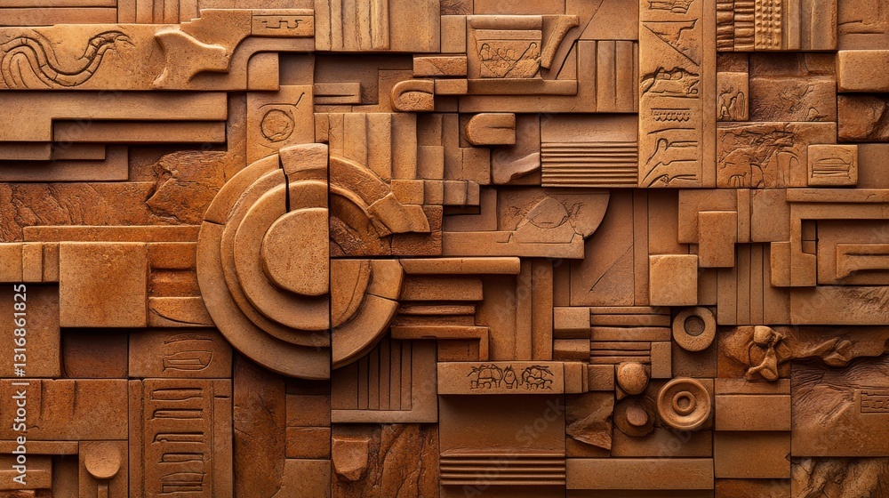 Poster intricate geometric wall art in warm tones with architectural elements and textural patterns