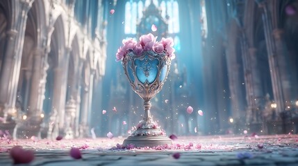 Elegant trophy surrounded by blossoms ancient cathedral fantasy art mystical atmosphere close-up view