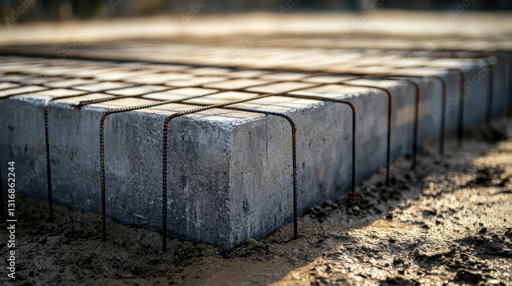 Poster this detailed view showcases the corner of a concrete block, revealing rebar reinforcement that supp