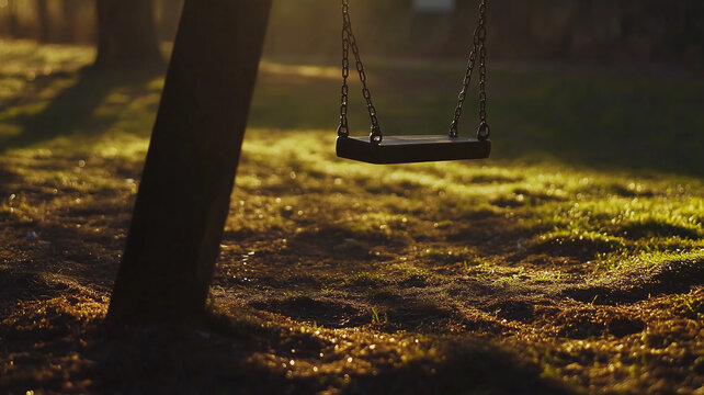 Photograph of a child&rsquo;s empty swing gently swaying in the wind at a park, bright sunlight casting long shadows, focusing on the feeling of emptiness and loss