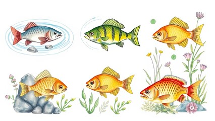 Fototapeta premium Colorful Fish Illustration Aquatic Life Pond River Nature Wildlife Underwater Marine Freshwater