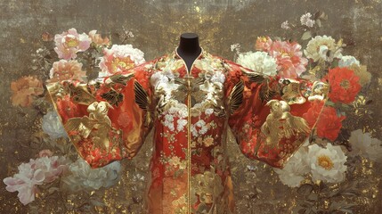 Naklejka premium Bright Embroidered Ceremonial Robe Against Floral Background