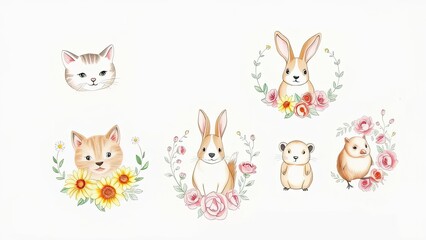 Naklejka premium Adorable Kittens Bunnies Hamster Floral Illustration