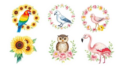 Obraz premium Adorable Watercolor Birds Flowers Sunflowers Roses Parrot Dove Owl Flamingo