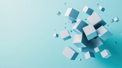 Abstract 3D rendering of light blue cubes floating.