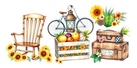 Rustic Charm Rocking Chair Bicycle Suitcases Fruit Crate Sunflowers