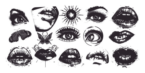 Surrealism contemporary sticker design, lips, eyes, grunge noise tattoo, monochrome aesthetic, brutalism, retro photocopy object set, futuristic effect, contemporary surreal art