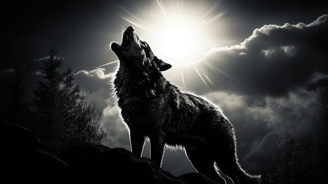 silhouette black and white wolf