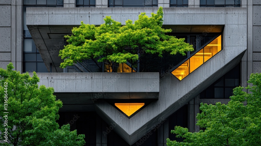Poster modern architectural design featuring unique building structure with greenery and striking geometric