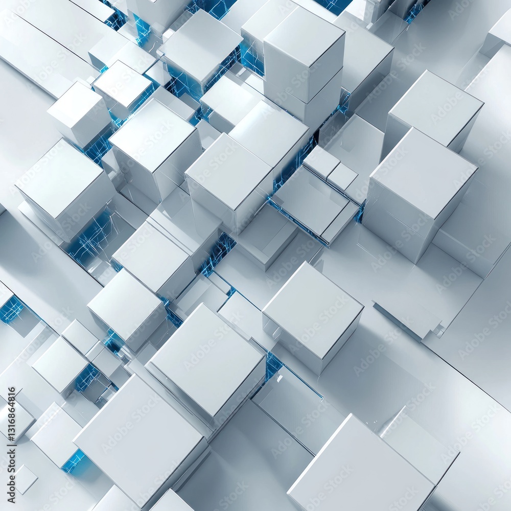 Poster abstract 3d rendering of white cubes and blue lines.