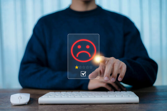 Customer Experience dissatisfied. Unsatisfied customer reviews a 1-star rating, Negative feedback user experience Client with Sadness Emotion Face, bad service, Sadness emotion customer