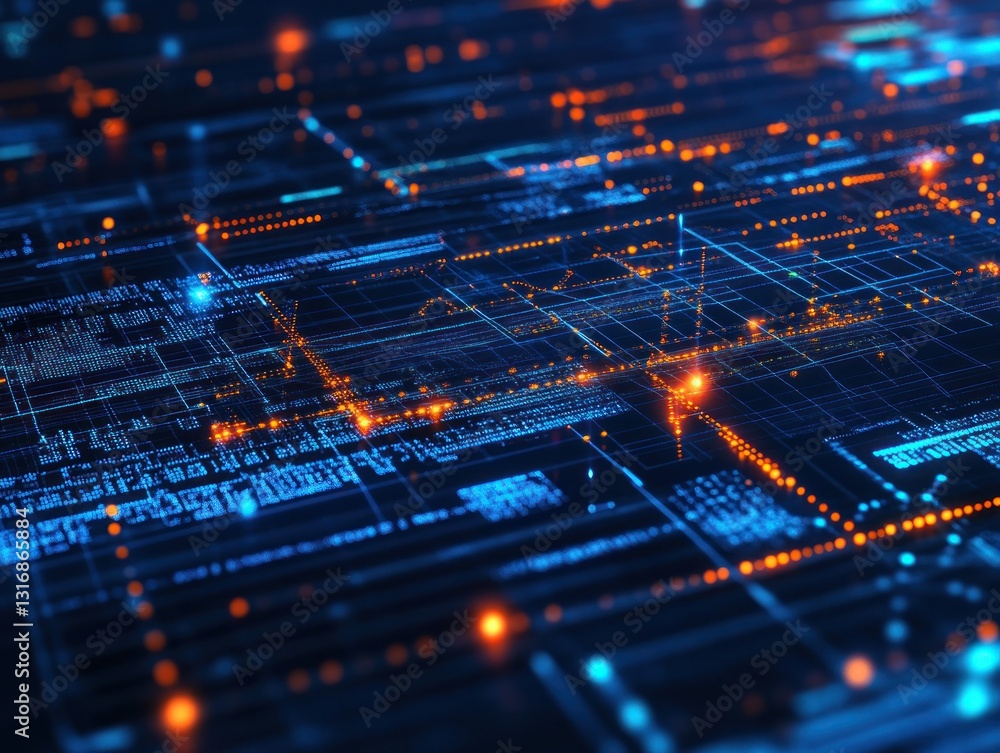 Poster abstract digital landscape with glowing lines and nodes representing data flow and connectivity in a