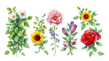 Watercolor Floral Arrangements Sunflowers Roses Daisies Tulips