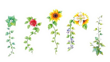 Fototapeta premium Watercolor Floral Vines Roses Sunflowers Lilies Leaves Botanical Illustration