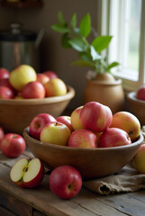 Freshly Picked Apples in a Rustic Kitchen Setting with Wooden Bowls, Warm Natural Light, and Cozy Vibes for Autumn Inspiration