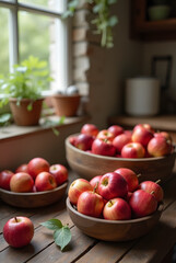 Freshly Picked Apples in a Rustic Kitchen Setting with Wooden Bowls, Warm Natural Light, and Cozy Vibes for Autumn Inspiration