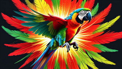 Obraz premium Colorful Macaw with Outstretched Wings in Energetic Digital Art Style on a Dark Background