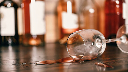 Close-up of a shattered wine glass on a dark wooden table, symbolizing the dangers of excessive drinking and alcohol abuse, with a focus on broken glass and safety concerns.