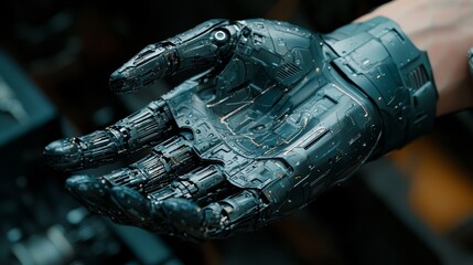 Sliced robotic hand examined by tiny engineer detailed closeup