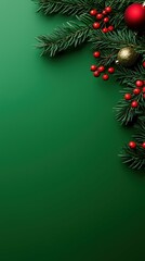 Festive Green Background with Evergreen Twigs Red Berries and Gold and Red Christmas Ornaments