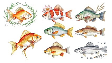 Naklejka premium Colorful Fish Illustrations Goldfish Koi Carp Sea Bass Aquatic Life Art