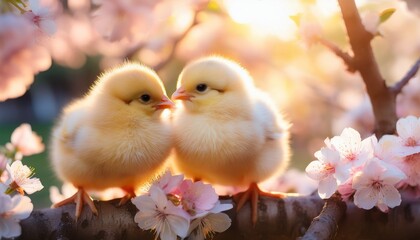 Soft-focus pastel Easter scene with fluffy chicks nestled among delicate cherry blossoms, bathed in warm, glowing golden sunlight, creating a dreamy and serene holiday atmosphere.
