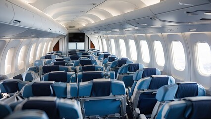 Fototapeta premium Interior view of an airplane cabin featuring rows of blue leather seats aligned along a central aisle.