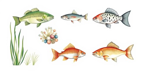 Naklejka premium Colorful Fish Illustration Aquatic Life Marine Animals Underwater Scene Nature Sea Creatures