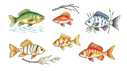 Naklejka premium Colorful Fish Illustration Aquatic Life Pond River Ocean Nature Wildlife Marine Aquarium Tropical