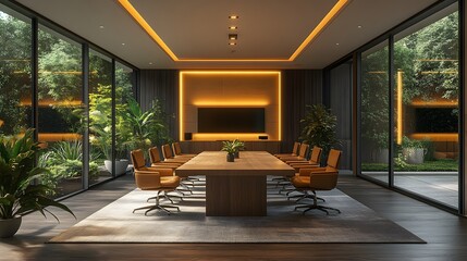 Stylish conference room with a long wooden table, ambient wall lighting, and comfortable chairs