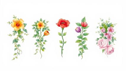 Vibrant Floral Arrangements Hibiscus Roses Tulips Botanical Designs Spring Flowers Watercolor