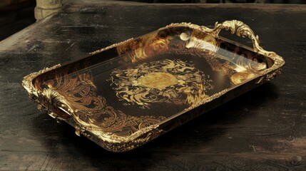 Fototapeta premium Elegant Engraved Silver Tray with Intricate Design and Handle