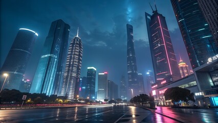 Obraz premium Night cityscape, skyscrapers, urban, metropolis, city lights, reflections