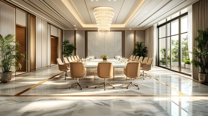Large corporate meeting venue with polished marble flooring, crystal chandeliers, and modern aesthetics