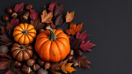 Autumn Harvest Pumpkins Acorns Fall Leaves on Dark Background