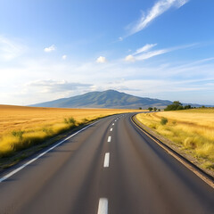 Fototapeta premium Horizontal or landscape of smooth asphalt road. On the wide grassland. There were grasses and trees growing on both sides. Softw color of mountain and blue sky with white clouds.