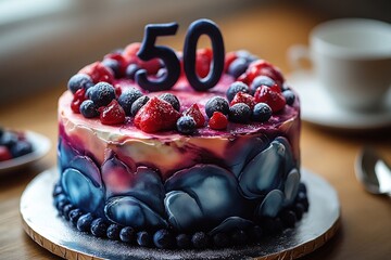 Colorful 50th birthday cake decorated with berries and elegant frosting on a wooden table