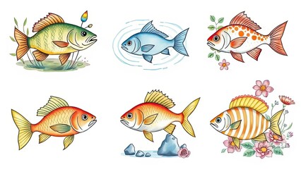Naklejka premium Colorful Fish Illustration Aquatic Life Marine Animals Watercolor Nature Undersea World Pond River
